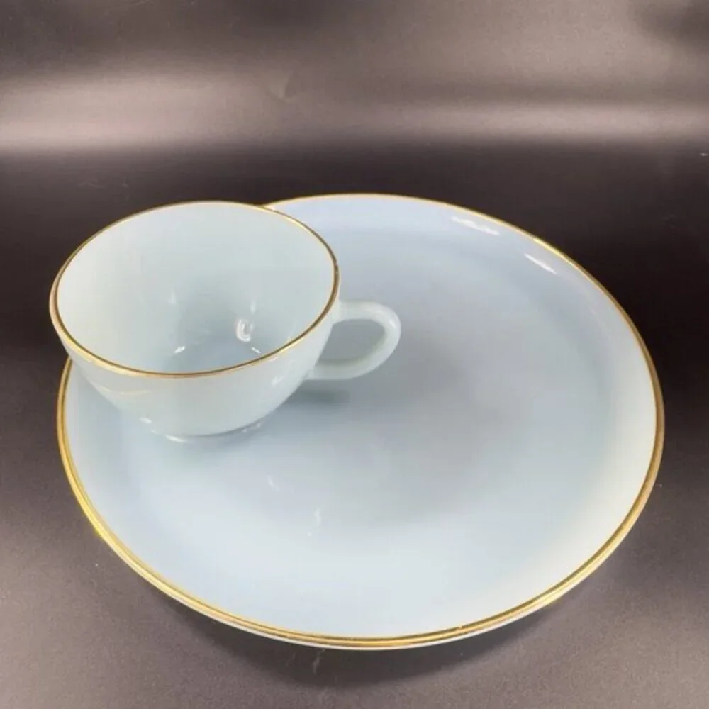 Vintage Anchor Hocking Fire King Blue Turquoise Lunch‎ Snack Plate and Cup Set